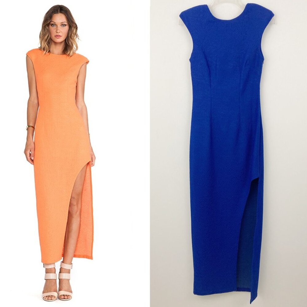 NWT Lumier by Bariano As the Sun Sets Blue Dress Size XS Slit Padded Shoulders